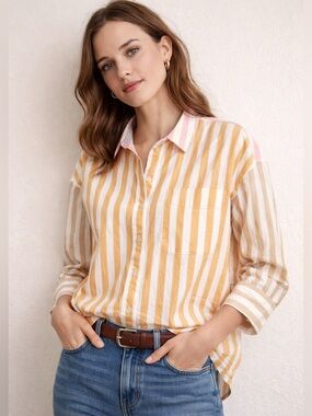 Madewell Striped Button Front Oversized Shirt Pink Yellow White Size M